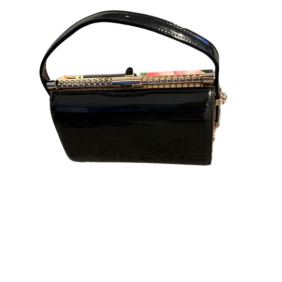 B044   Black patent  Floral Pearl Embellished Evening Handbag Top Handle  NWT - Picture 3 of 3